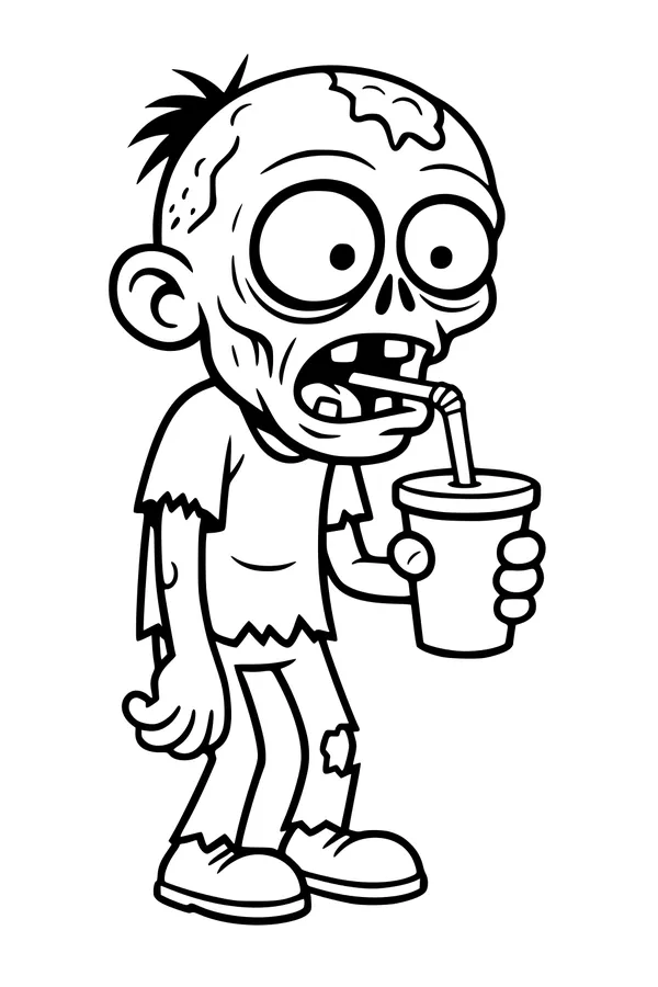 Free Zombie Coloring Page - Cartoon Boy Sipping a Drink (Printable PDF)