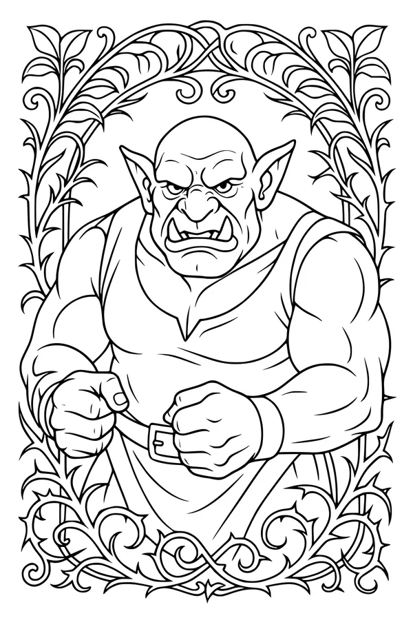 Free Ogre Coloring Page - Muscular Tusks in Thorny Garden Frame (Printable PDF)