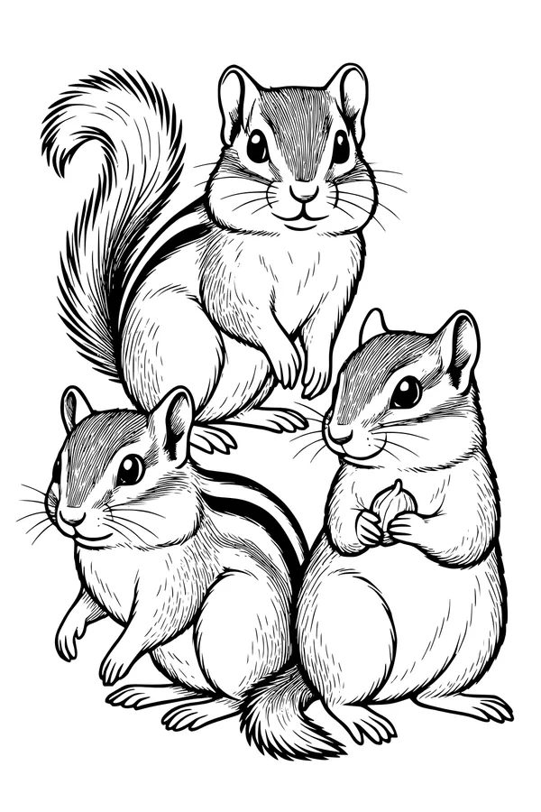 Free Chipmunk Coloring Page - Three Busy Chipmunks With Acorn (Printable PDF)