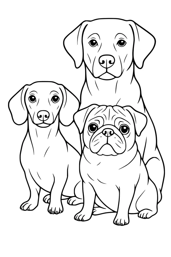 Free Dog Coloring Page - Labrador, Dachshund and Pug Friends (Printable PDF)