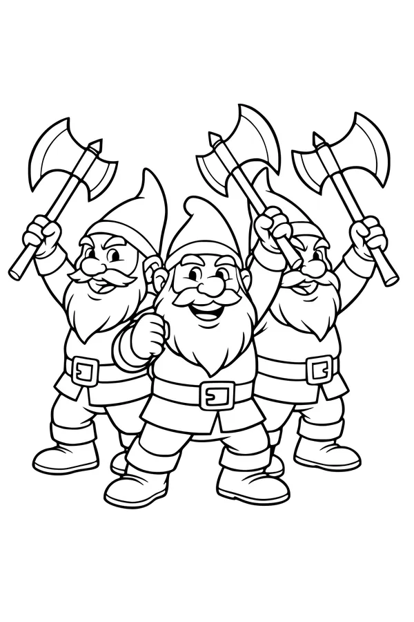 Free Dwarves Coloring Page - Three Bearded Gnomes With Axes (Printable PDF)