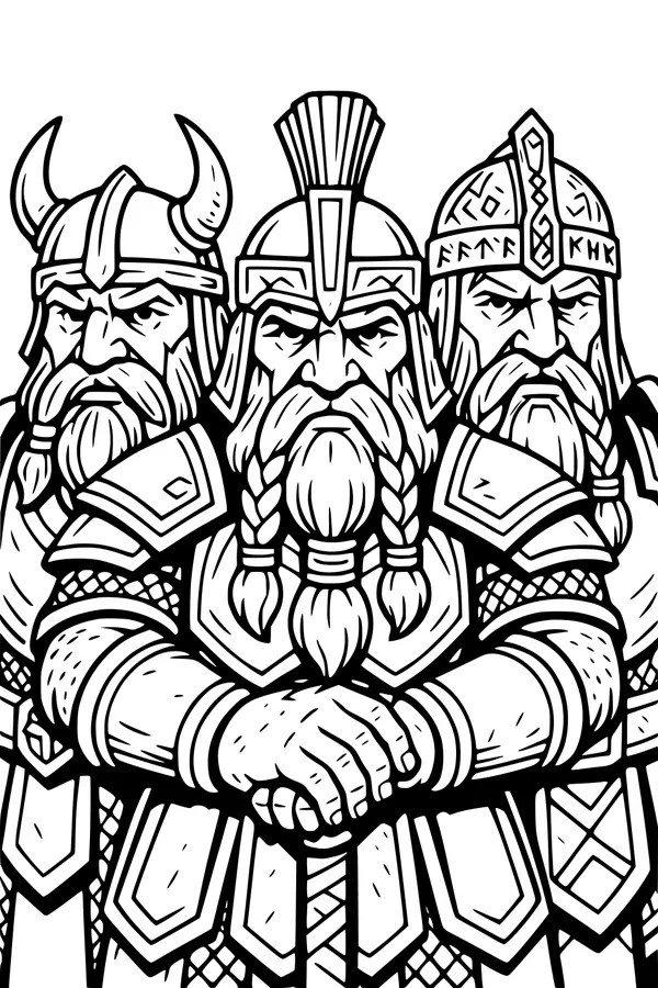 Free Dwarf Warriors Coloring Page - Armored Beard Brigade (Printable PDF)