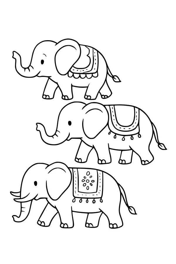 Free Elephant Coloring Page - Fancy Parade Elephants in a Line (Printable PDF)
