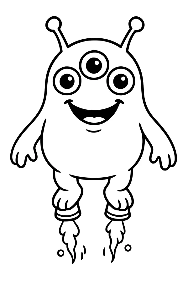 Free Monster Coloring Page - Three-Eyed Alien With Rocket Boots (Printable PDF)