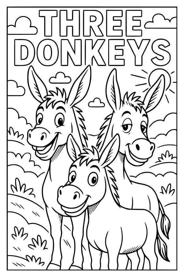 Free Donkey Coloring Page - Three Cheery Donkeys in a Sunny Field (Printable PDF)