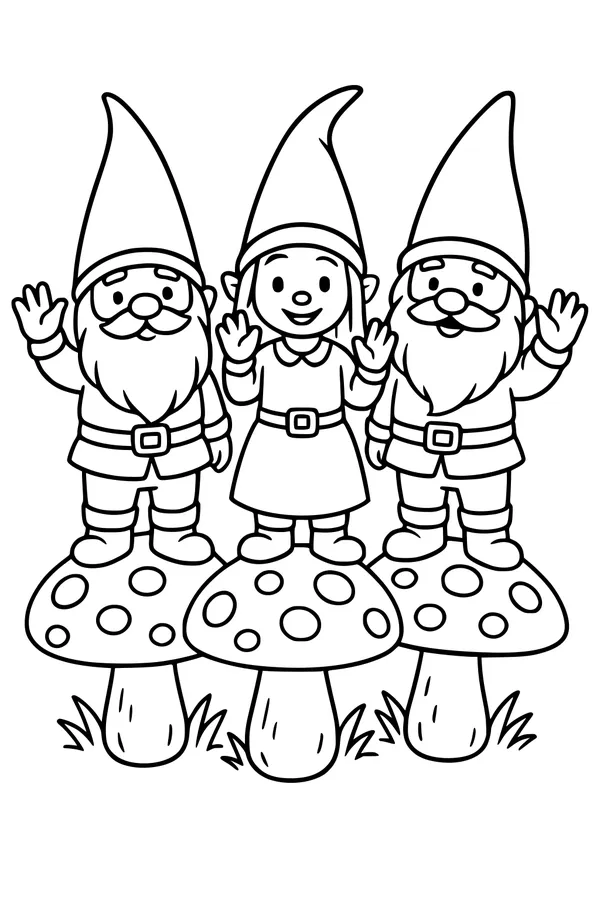 Free Gnome Coloring Page - Three Gnomes on Toadstools Waving (Printable PDF)