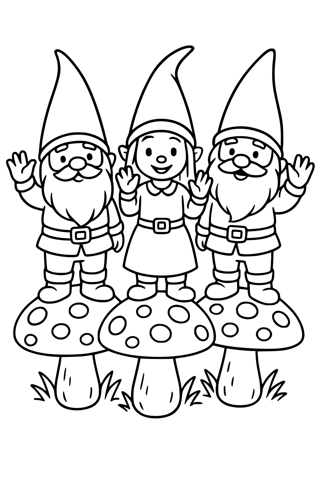 Three gnomes wave from spotted toadstools; two bearded gnomes flank a smiling girl in a dress, all with tall hats, belts, and boots.