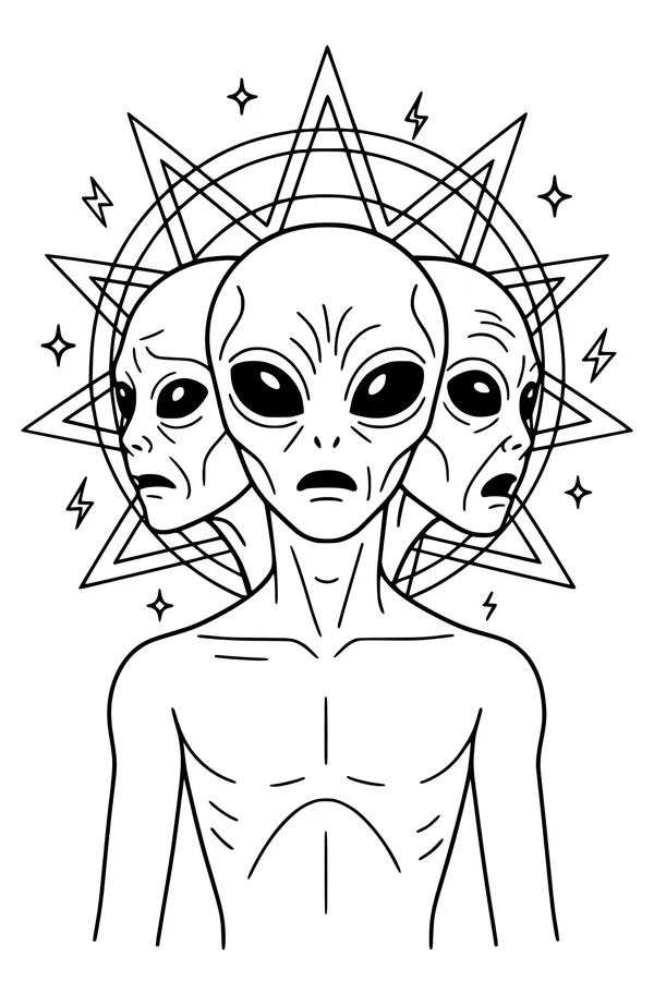 Free Alien Coloring Page - Three-Headed Space Creature With Stars (Printable PDF)