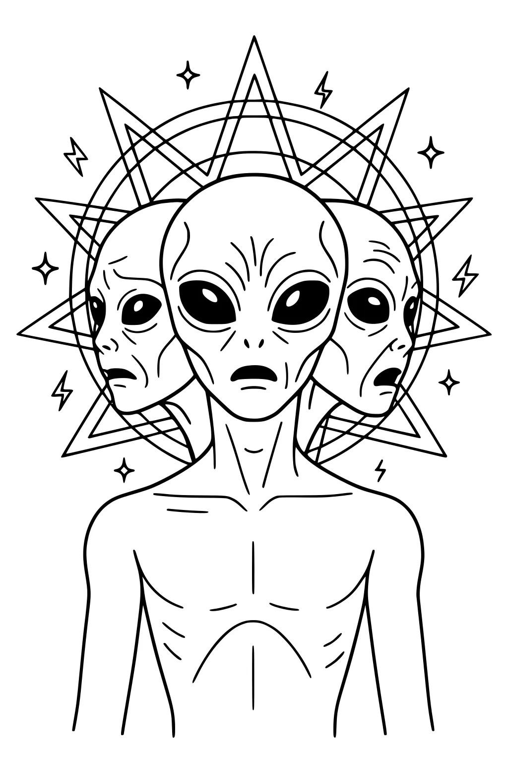 Three-headed alien with big eyes, thin torso, starburst rings, triangles, stars and lightning symbols in simple line art.