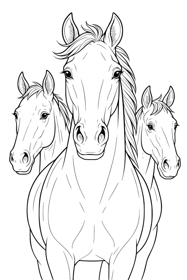 Free Horse Coloring Page - Three Horses Side by Side (Printable PDF)