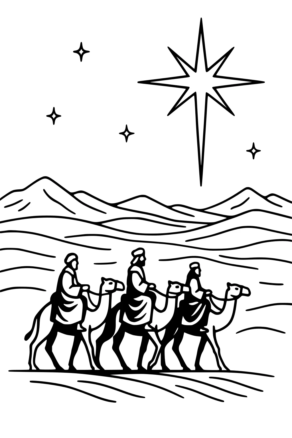 Three wise men on camels cross desert dunes under a large Star of Bethlehem, with mountains and small stars in the night sky.
