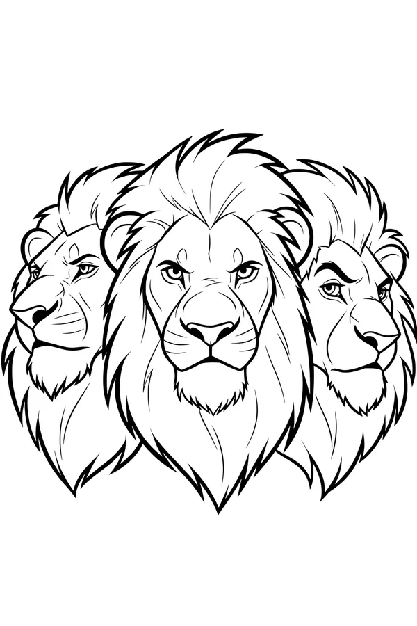 Free Lion Coloring Page - Three Mighty Lion Faces Together (Printable PDF)