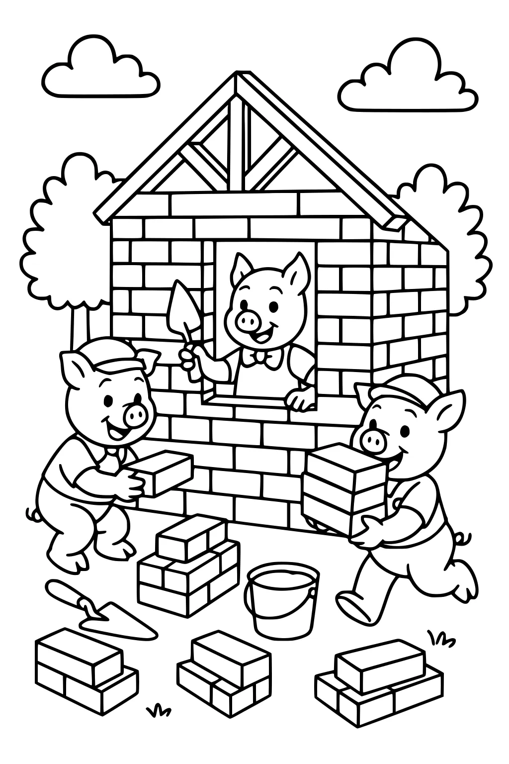 Three pigs work together to build a brick house, with one inside the window and two outside carrying bricks and tools.