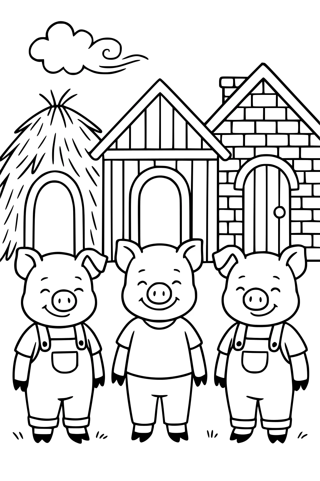 Three smiling pigs standing in front of straw, wood, and brick houses with a cloud above them.