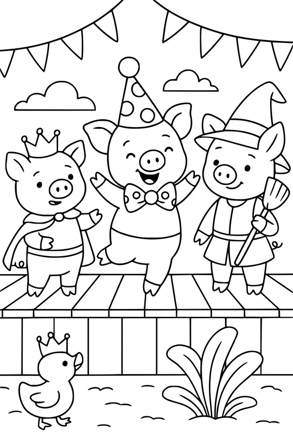 Free Piglet Coloring Page - Costume Parade On Stage (Printable PDF)