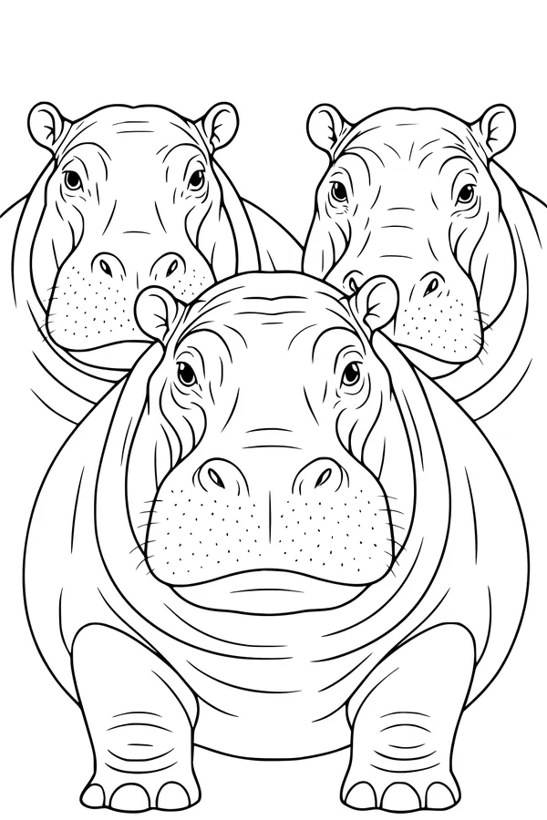 Free Hippopotamus Coloring Page - Three Big Hippos Together (Printable PDF)