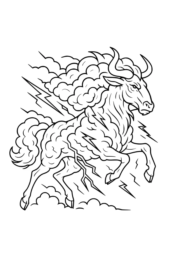 Free Wildebeest Coloring Page - Thunder Runner in Storm Clouds (Printable PDF)