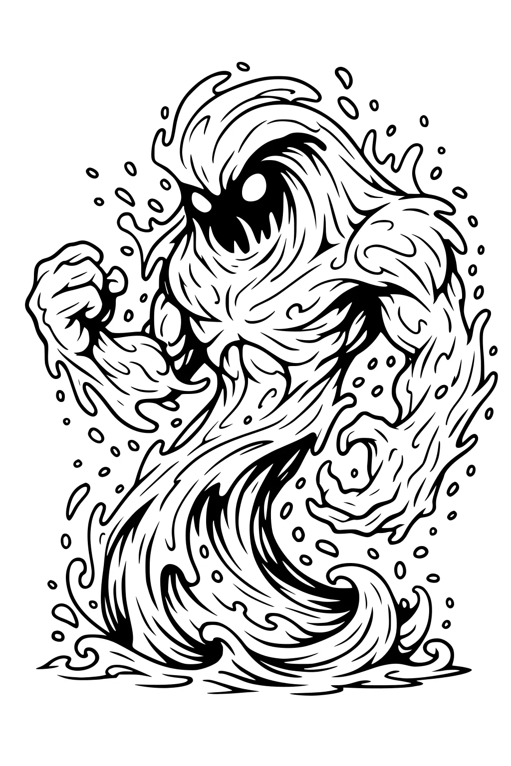 Swirling water elemental with wave body, strong arms, dark face with white eyes, and droplets around, drawn with bold black outlines.