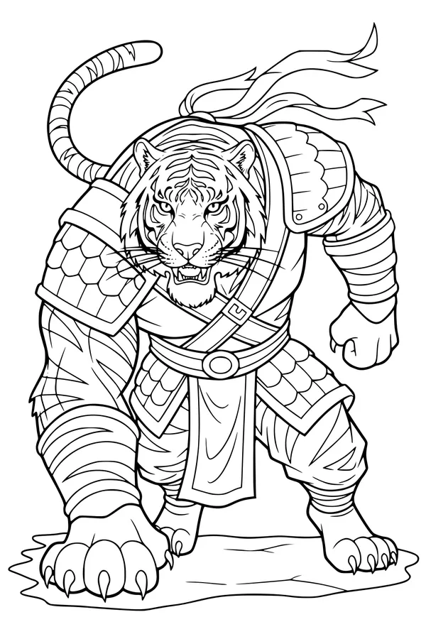 Free Tiger Coloring Page - Fierce Armored Warrior Tiger (Printable PDF)
