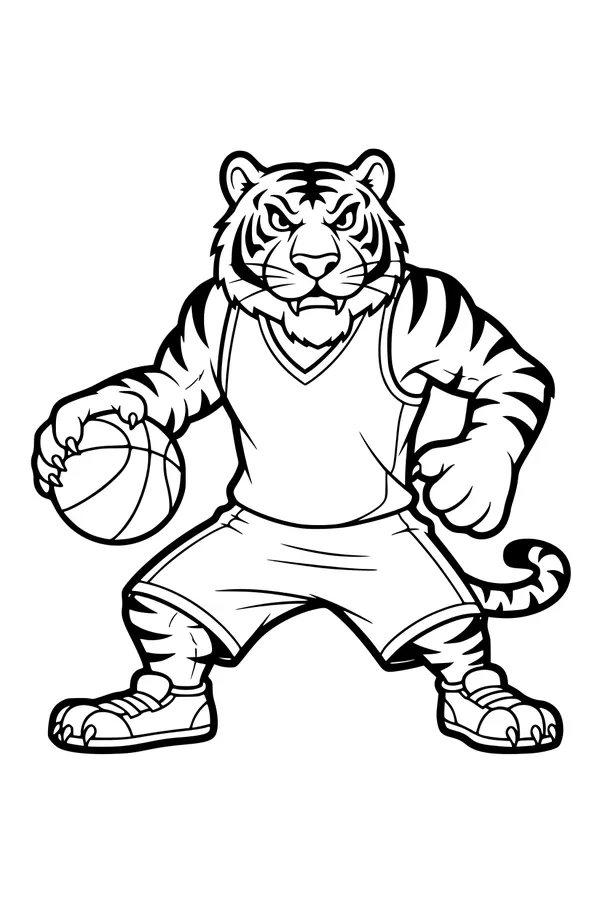 Free Tiger Coloring Page - Cartoon Basketball Mascot in Jersey (Printable PDF)