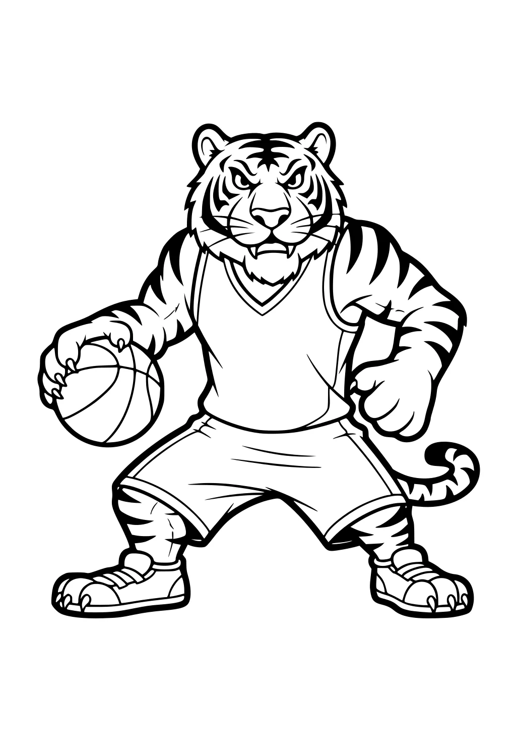 Cartoon tiger in jersey dribbling basketball, standing on two legs with sneakers and striped fur, looking determined.