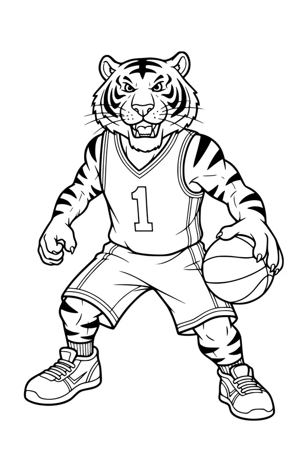Free Tiger Coloring Page - Cartoon Basketball Mascot (Printable PDF)