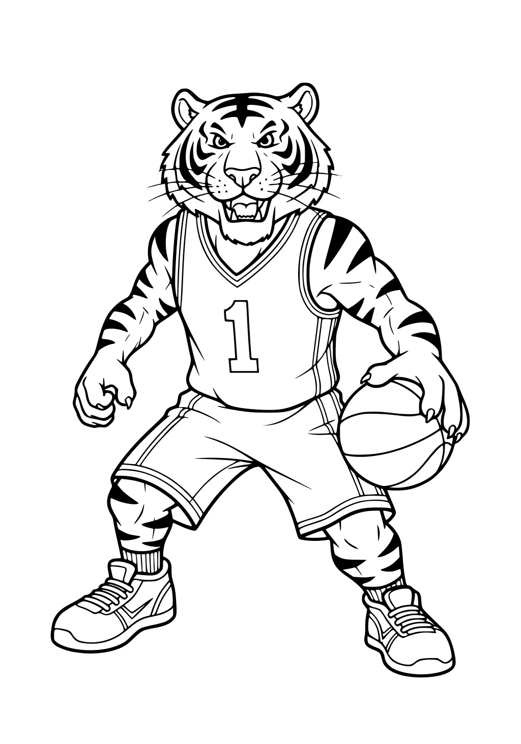 A cartoon tiger in a basketball uniform holding a ball and crouching on the court, ready to play.