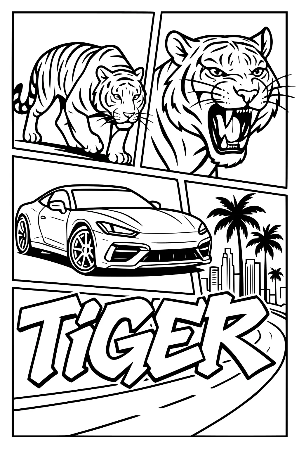 Comic-style page with a tiger walking, a roaring tiger, a sports car, palm trees, a city skyline, and the word TIGER.