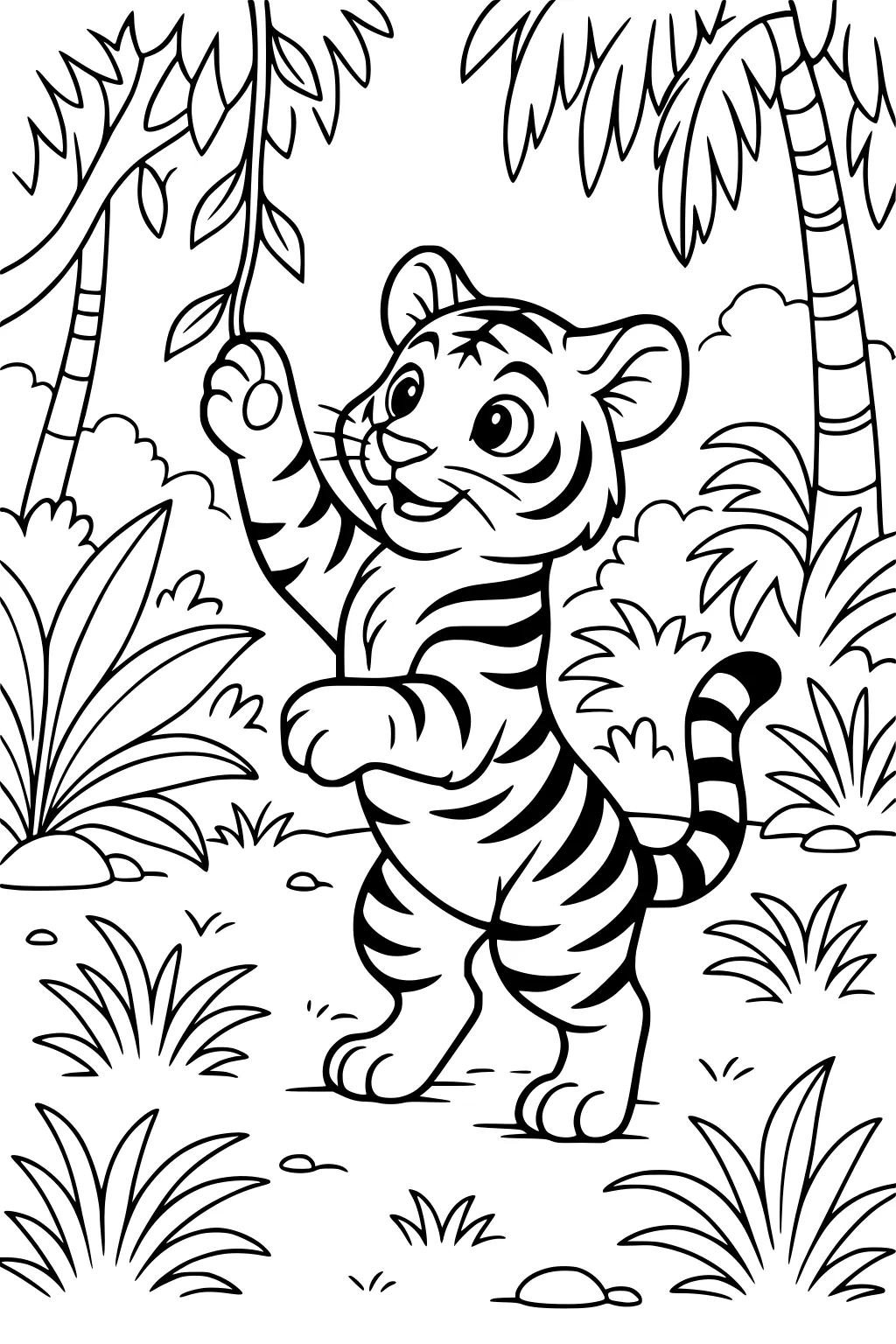 Tiger cub reaching for vine in a jungle with palm trees, tall grass, and bushes.