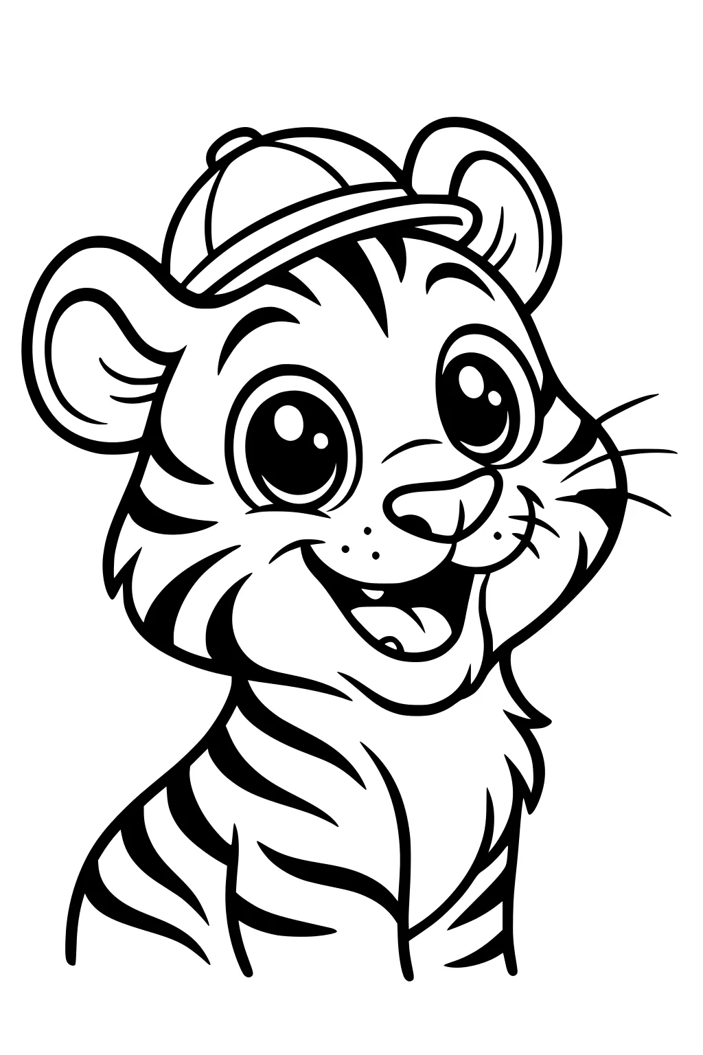 Cartoon tiger cub with large expressive eyes and a cap, smiling with striped fur and whiskers.