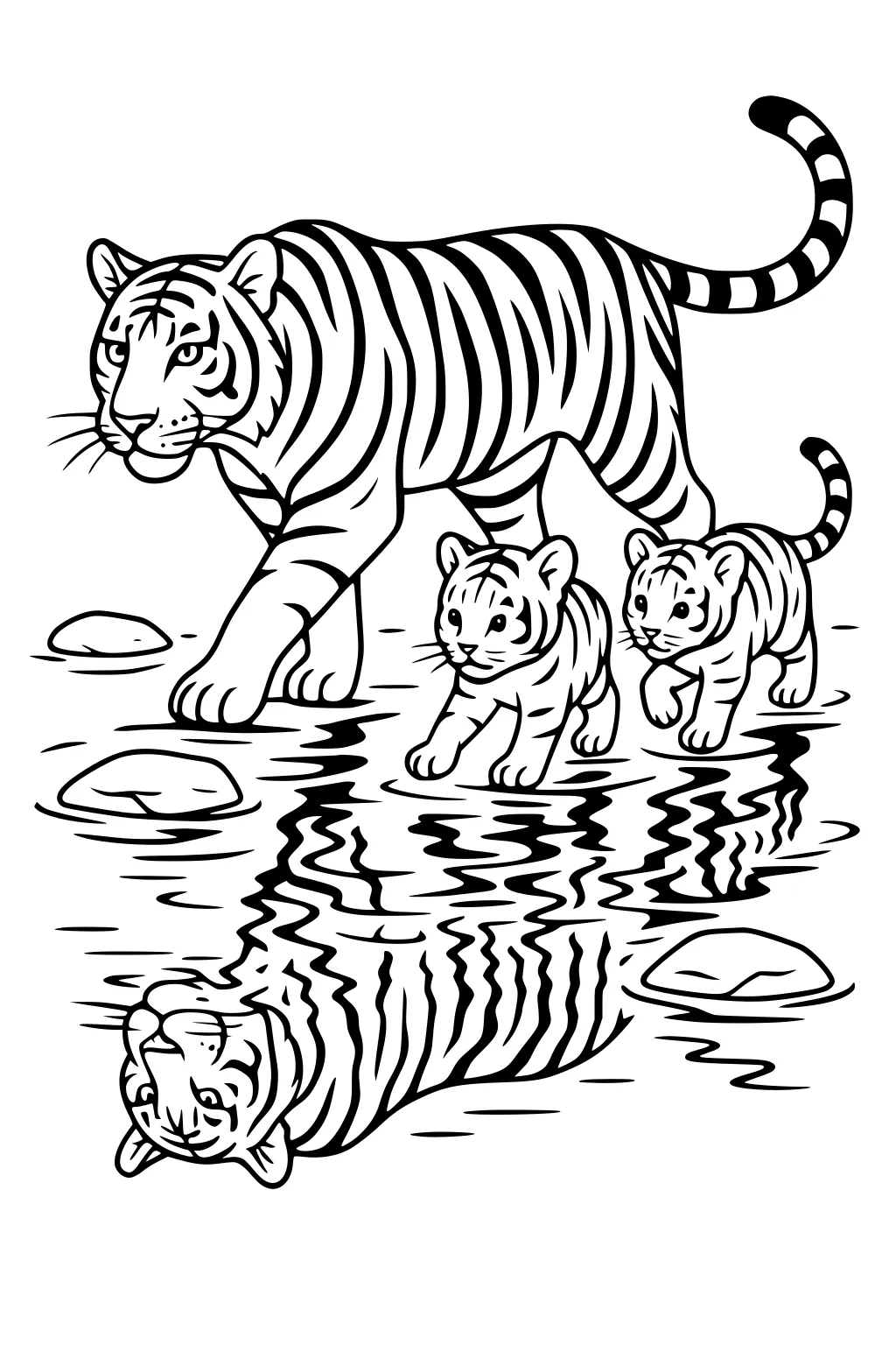 Mother tiger and two tiger cubs walking together through a stream with water reflections and a few large rocks.