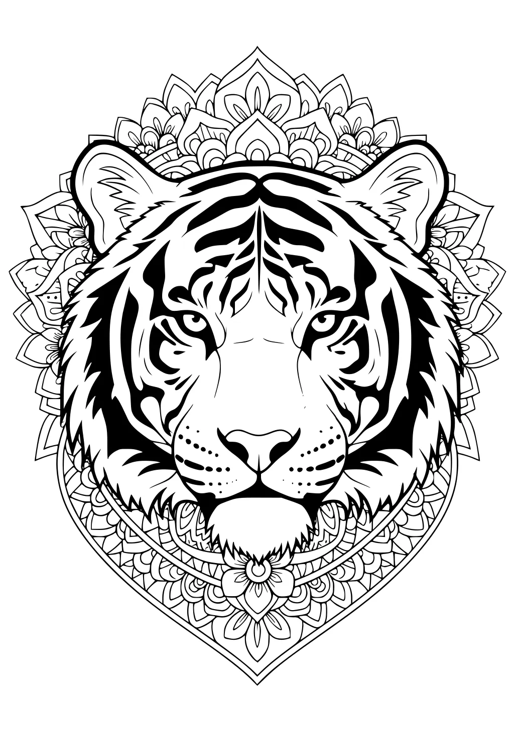 Tiger head with striped fur inside a detailed floral mandala background, all in black outline.