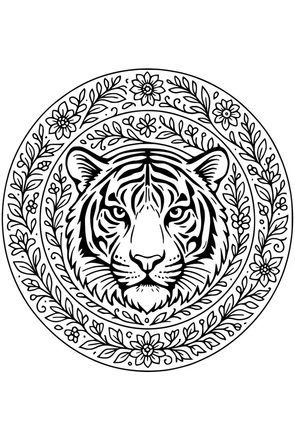 Free Tiger Coloring Page - Mandala Jungle Flower Circle (Printable PDF)
