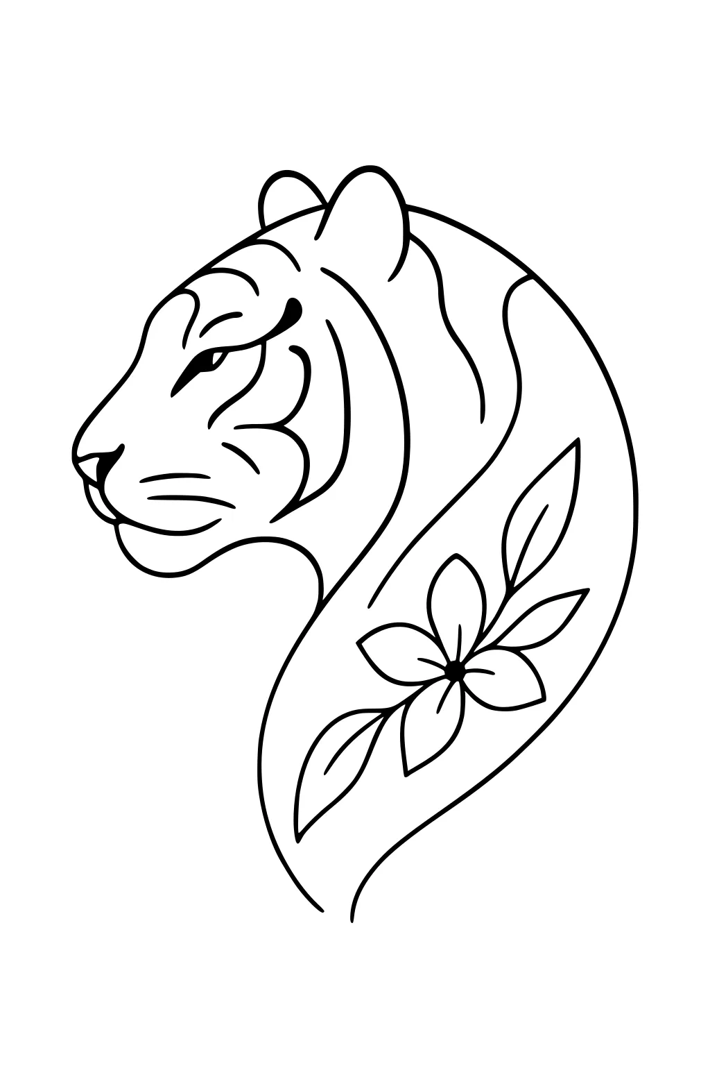 Tiger head in profile with stripes and a flower with leaves inside the curved neck.