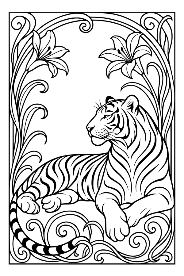 Free Tiger Coloring Page - Resting Among Jungle Lilies (Printable PDF)