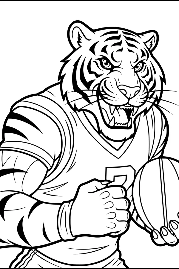 Free Tiger Coloring Page - Muscular Football Mascot Tiger (Printable PDF)