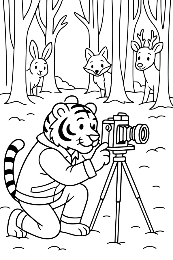 Free Tiger Coloring Page - Forest Photographer With Animal Friends (Printable PDF)