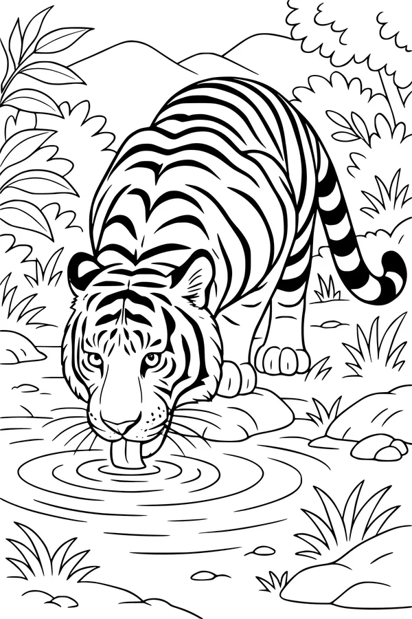 Free Tiger Coloring Page - Tiger Drinking at Forest Pond (Printable PDF)