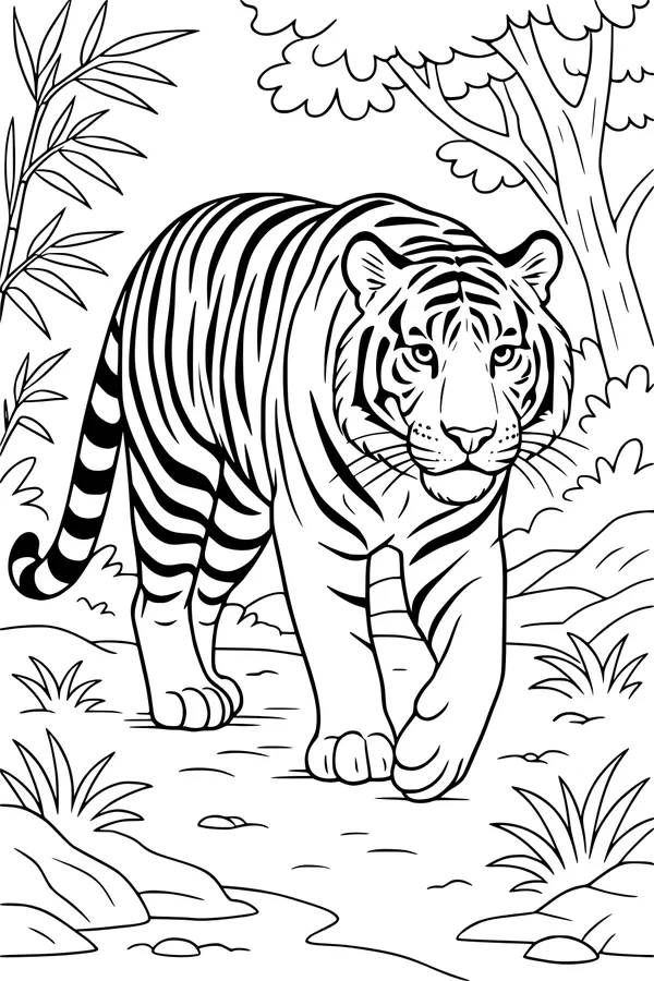 Free Tiger Coloring Page - Jungle Path Walk (Printable PDF)