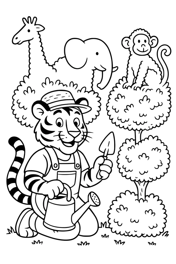 Free Tiger Coloring Page - Jungle Friends Gardening Together (Printable PDF)
