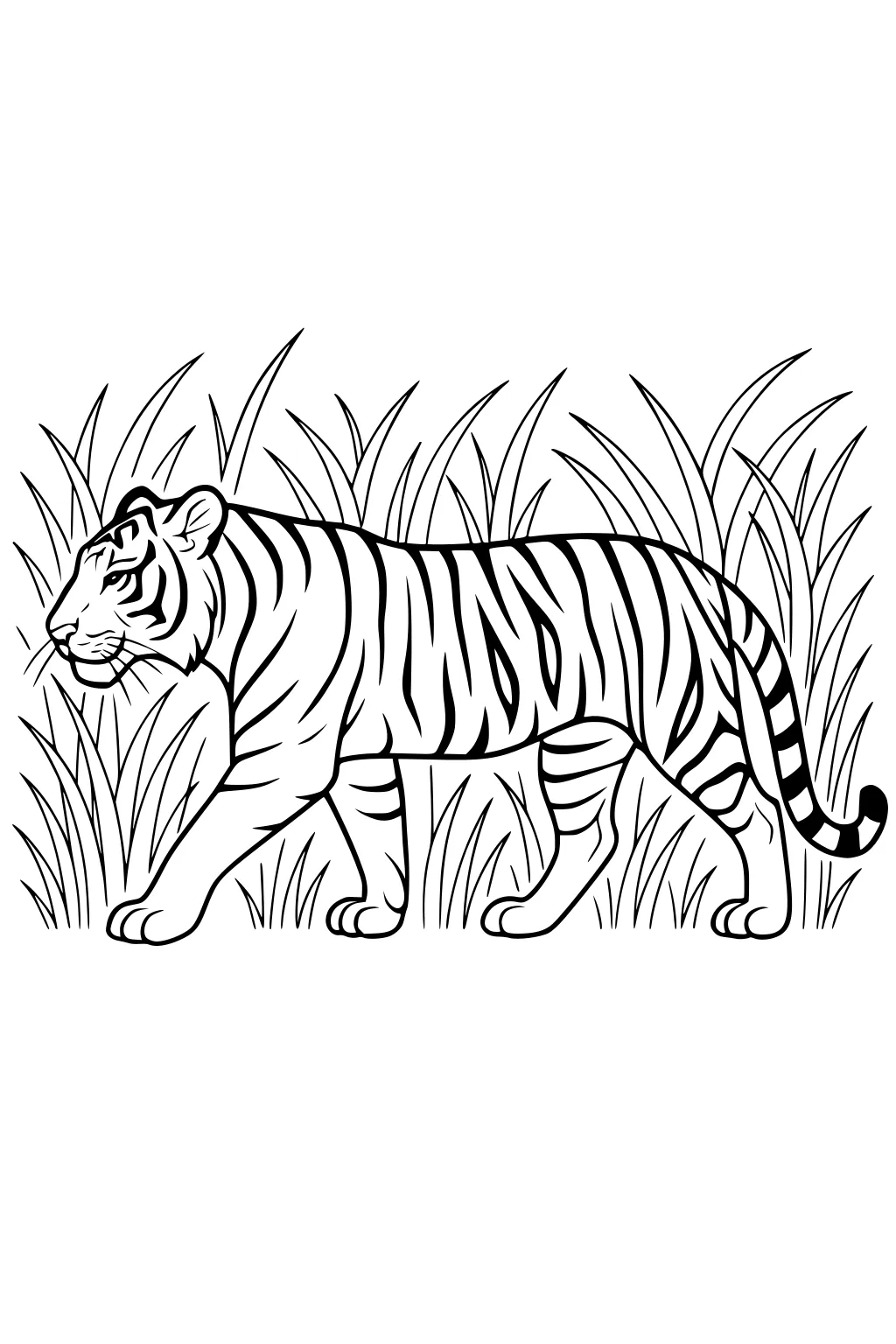 Tiger with striped fur walking in front of tall grass, facing left with tail curled behind.