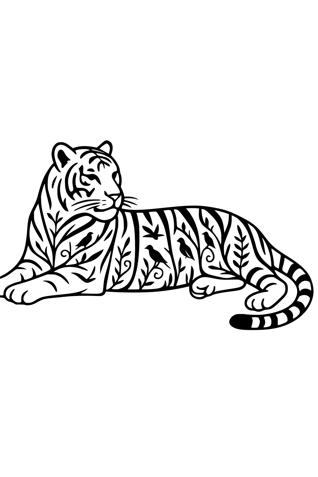 A tiger lies down with plants and birds cleverly drawn inside her stripes.