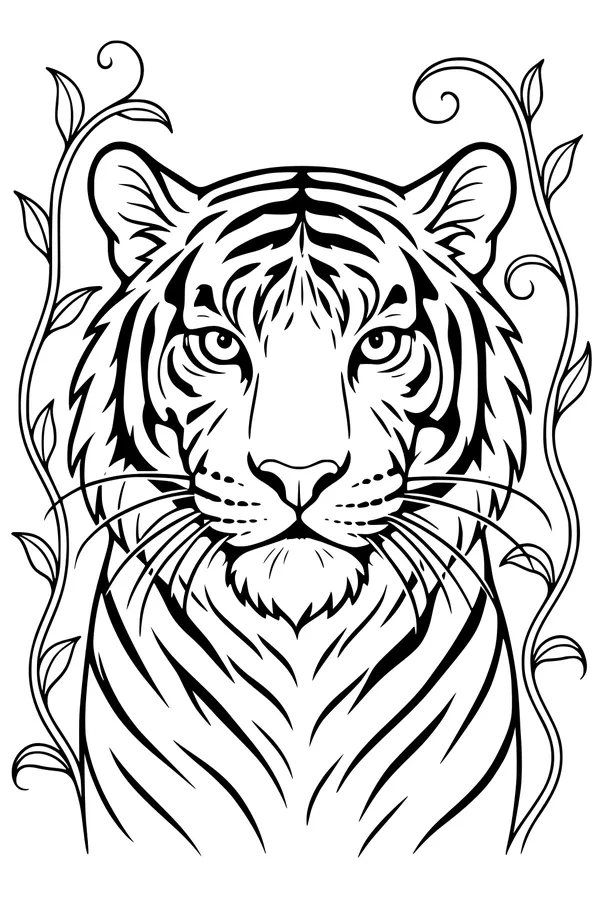 Free Tiger Coloring Page - Jungle King Face With Vines (Printable PDF)