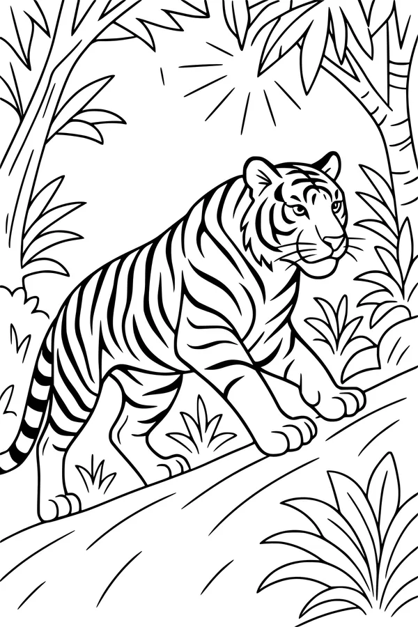 Free Tiger Coloring Page - Striped Tiger Walking on Jungle Log (Printable PDF)