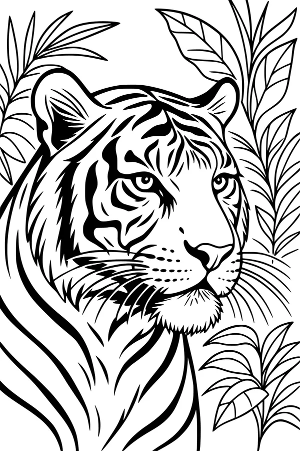 Free Tiger Coloring Page - Jungle King Among Tropical Leaves (Printable PDF)