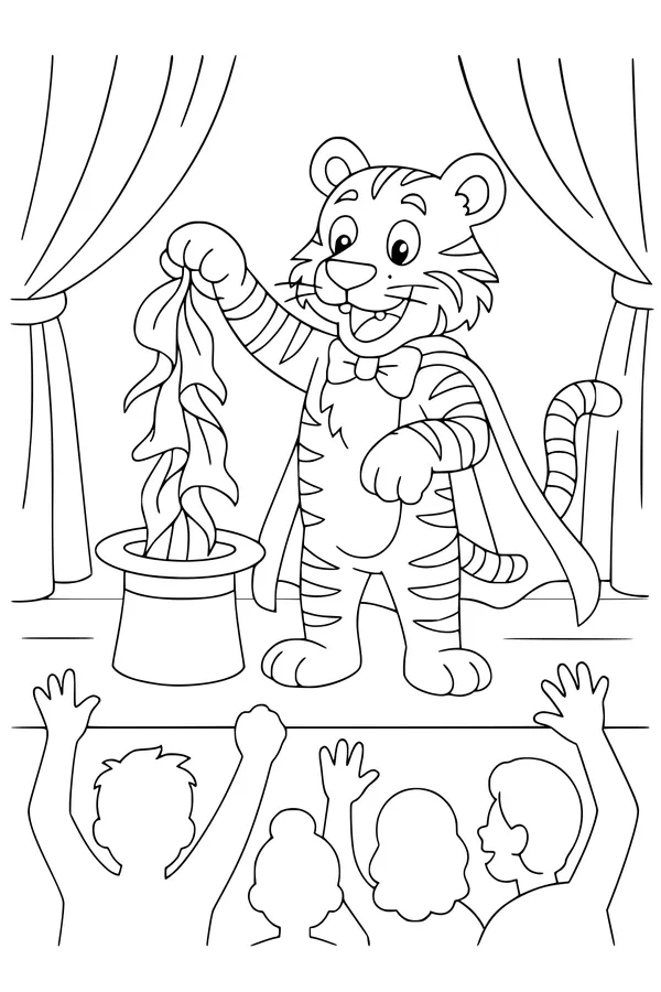 Free Tiger Coloring Page - Magician On Stage With Kids (Printable PDF)