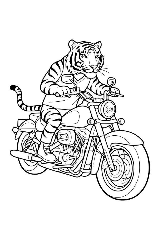 Free Tiger Coloring Page - Cool Tiger Riding a Motorcycle (Printable PDF)