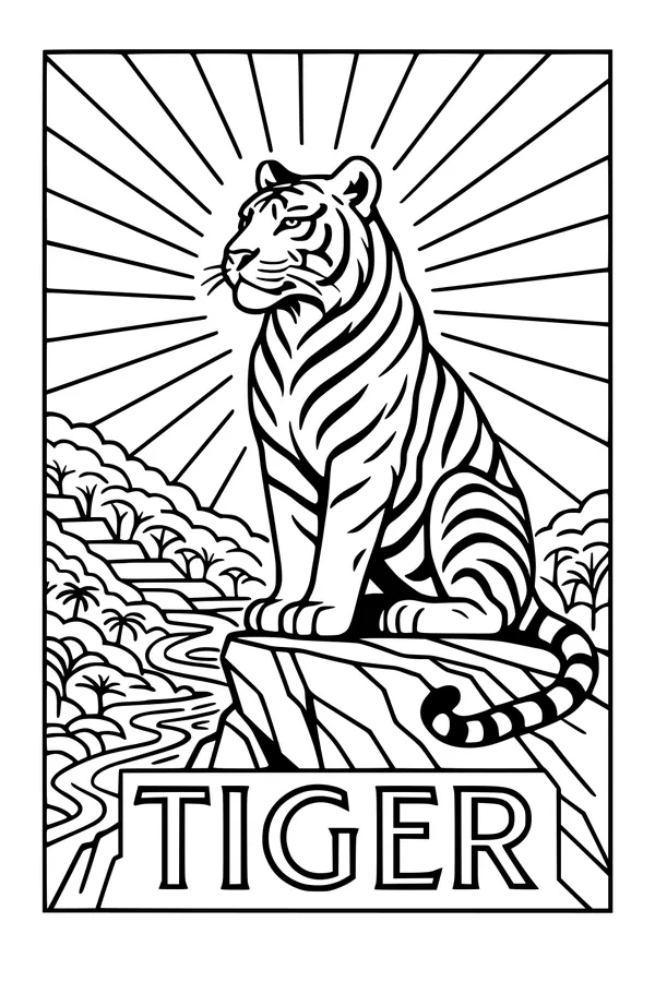 Free Tiger Coloring Page - Bold Tiger on Jungle Cliff (Printable PDF)