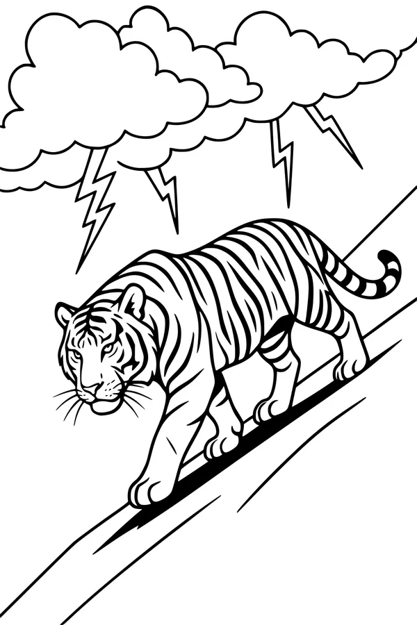Free Tiger Coloring Page - Brave Stripes in a Lightning Storm (Printable PDF)
