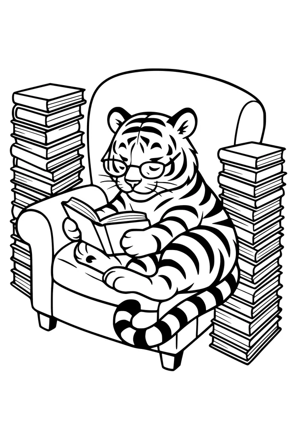Free Tiger Coloring Page - Book-Loving Tiger Reading in a Cozy Chair (Printable PDF)